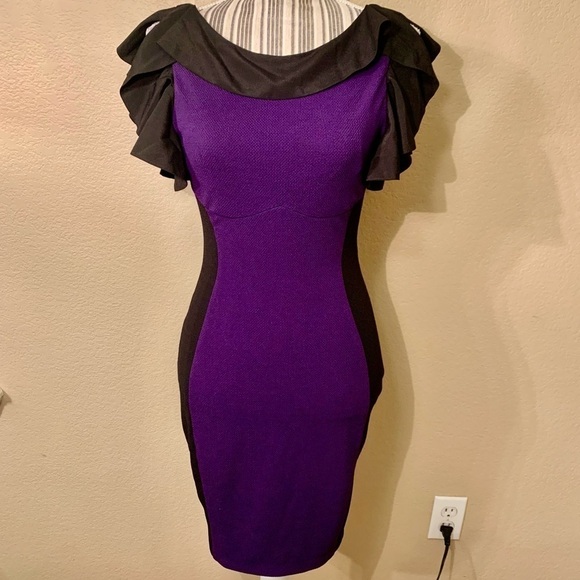NWT Bodycon Dress Small Fashionomics Purple Black Color Block Ruffled Color Slvs - Picture 3 of 15